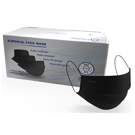 ASSURE Surgical Mask 3-Ply Earloop, ASTM Level 2, Black (50pcs/box, 40boxes/carton)