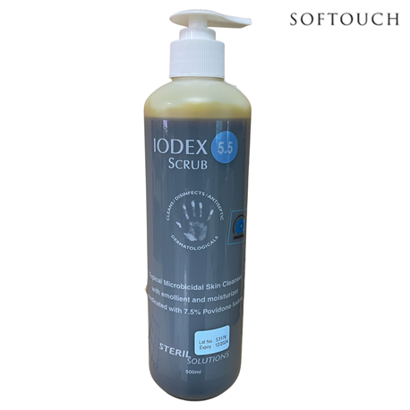 Softouch Iodex Scrub Povidone Iodine (PVP-I) 7.5%, 500ml, Per Bottle X 25