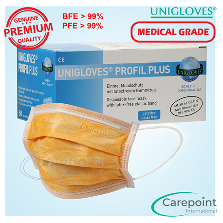 Unigloves 3pIy Surgical Face Mask Earloop, Orange, Medical Grade (50pcs/box)