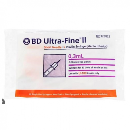 BD Ultra-Fine Insulin Syringe, 0.3ml (10pcs/bag, 100pcs/box)