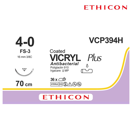 Ethicon Coated Vicryl Plus Antibacterial Suture, 4-0 FS-3, 70cm, 36pcs/box #VCP394H