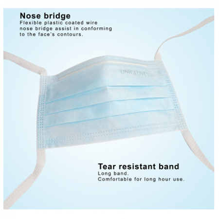 Unigloves 3pIy Surgical Face Mask Earloop, Tie-on, Blue (50pcs/box)