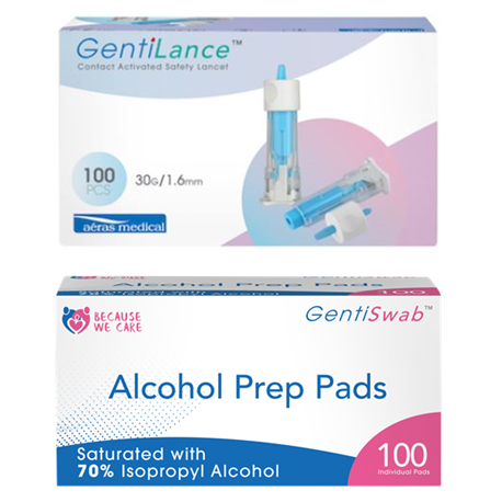 GentiLance Contact Activated Safety Lancet, Blue, 30G/1.6mm + GentiSwab Alcohol Prep Pads, 100pcs/box