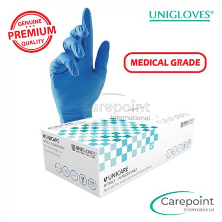 Unigloves Unicare Nitrite Gloves, Powder Free, Blue, Medical Grade (10boxes/carton)