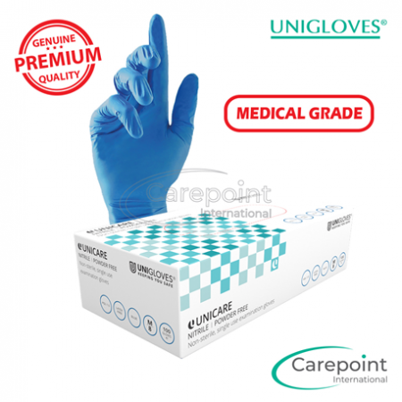 Unigloves Unicare Nitrite Gloves, Powder Free, Blue, Medical Grade (100pcs/box)