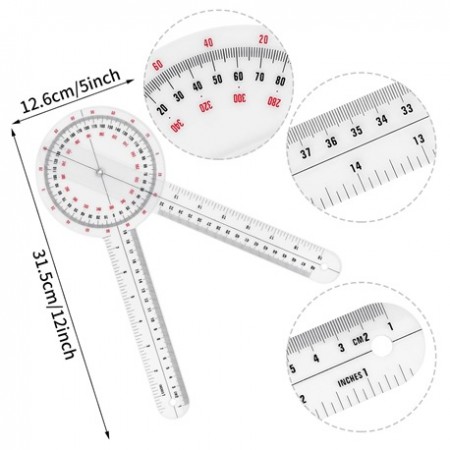 Goniometer Transparent Orthopedic Angle Plastic Ruler, 12 Inch, 2pc/pack