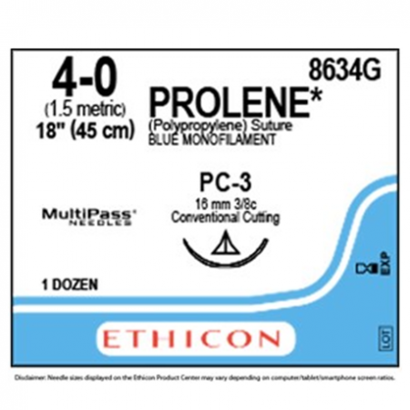 Ethicon Prolene Polypropylene Suture, 4-0, PC-3, 12pcs/box #8634G
