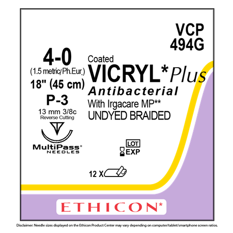 Ethicon Coated Vicryl Plus Antibacterial Suture, 4-0 P-3, 45cm, 12pcs/box #VCP494G