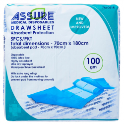 Assure Underpads, Draw Sheet, 70cmX180cm, 100gm (5pcs/pkt, 20pkt/carton)