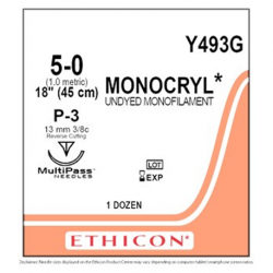 Ethicon Monocryl Poliglecaprone 25 Suture, 45cm, 5-0 P-3, 12pcs/box #Y493G