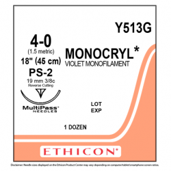 Ethicon Monocryl Poliglecaprone 25 Suture, 45cm, 4-0 PS-2, 12pcs/box #Y513G