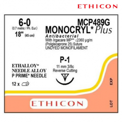 Ethicon Monocryl Plus Antibacterial Suture, 6-0 P-1, 45cm, 12pcs/box #MCP489G