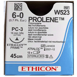 J&J Ethicon Sutures Prolene 6/0 (W523), 45cm 12/Box 