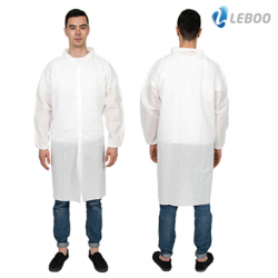 Leboo Lab Coat with 4 Velcros Shirt Collar without Pocket, White, PP 35gsm, XL:110x140cm (1pc/bag, 100pcs/ctn)